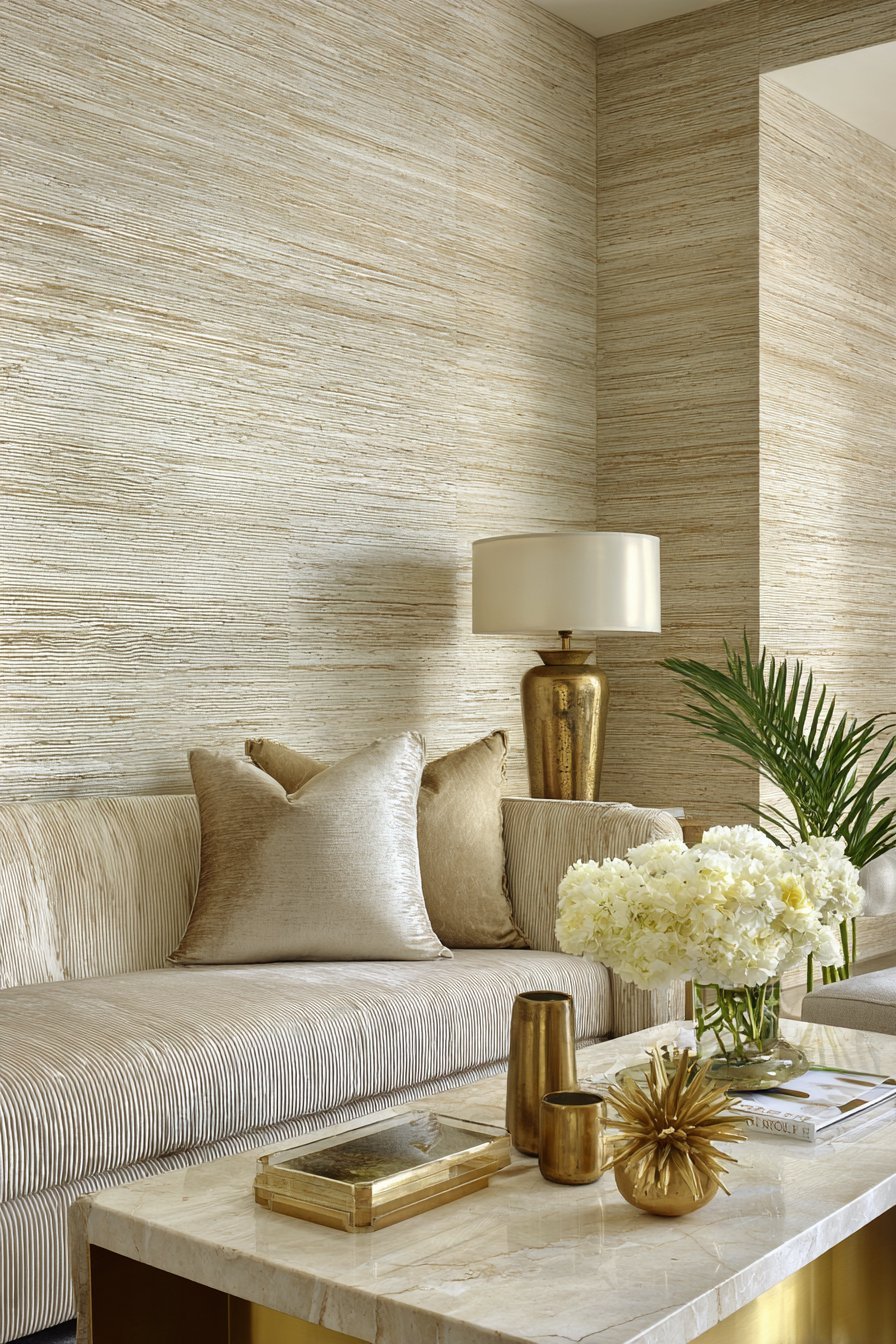 Champagne velvet channel-tufted sofa, marble and brass coffee table and wheat grasscloth walls in a neutral living room