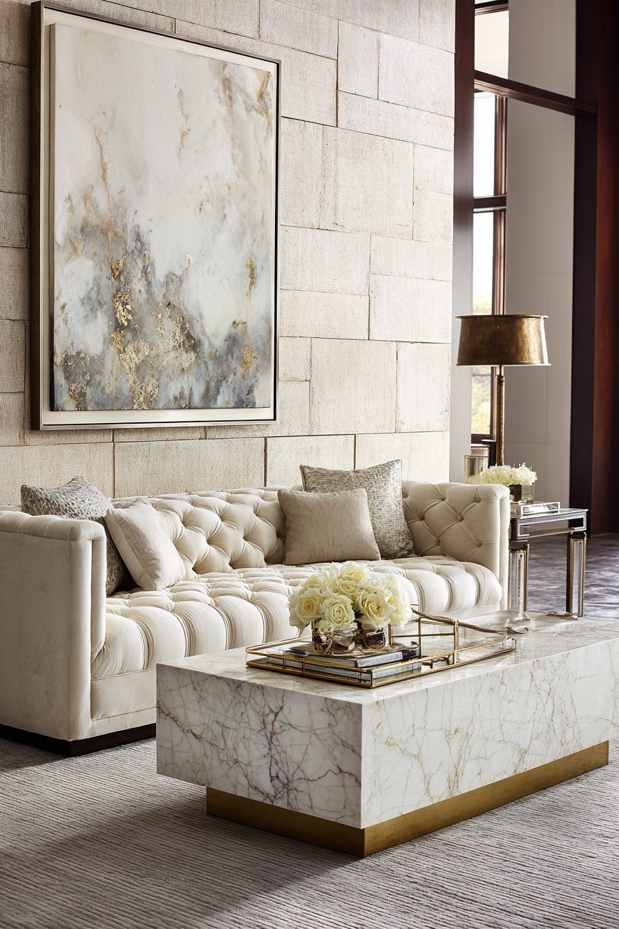 Champagne velvet channel-tufted sofa, marble and brass coffee table and wheat grasscloth walls in a neutral living room