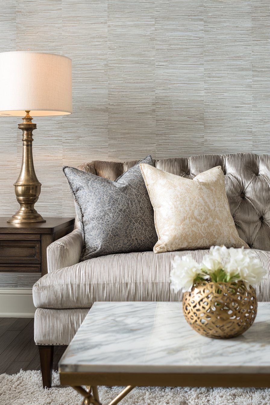 Champagne velvet channel-tufted sofa, marble and brass coffee table and wheat grasscloth walls in a neutral living room