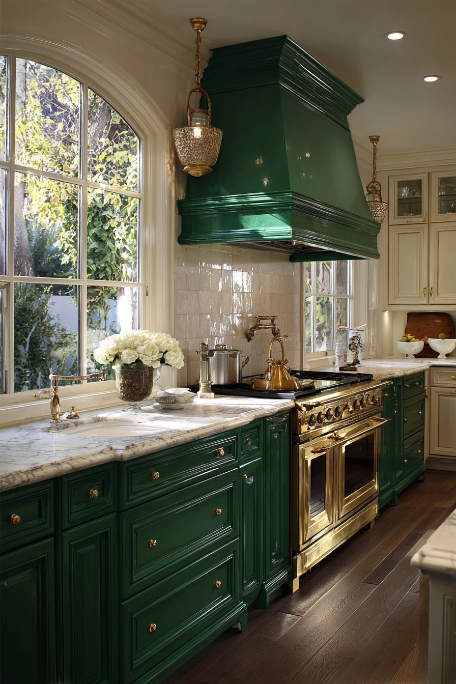 Forest green lower and cream upper cabinets with white marble, brass range trim and matching painted range hood