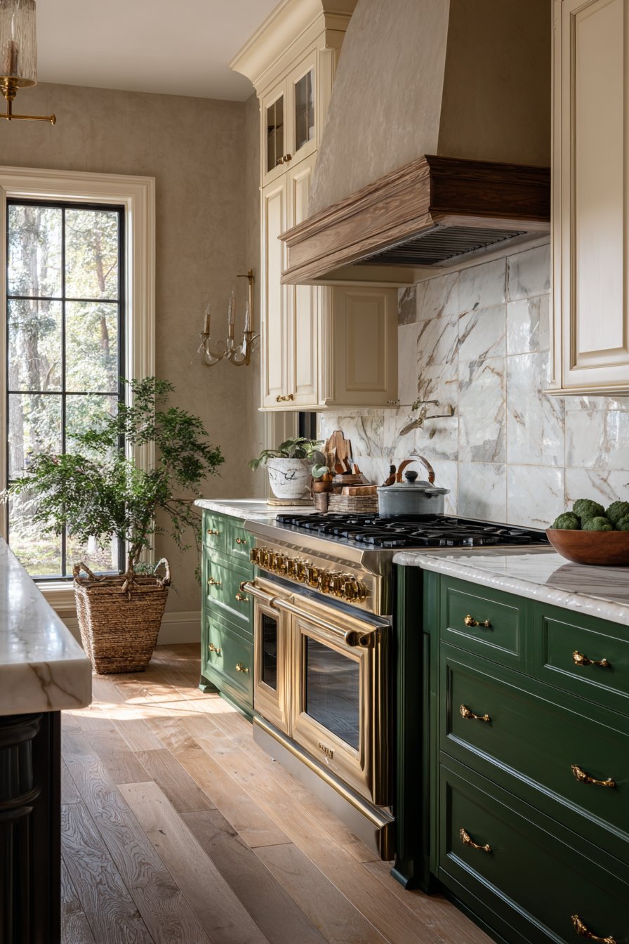 Forest green lower and cream upper cabinets with white marble, brass range trim and matching painted range hood