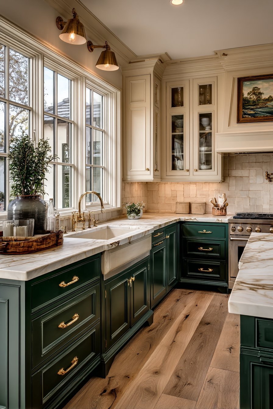 Forest green lower and cream upper cabinets with white marble, brass range trim and matching painted range hood