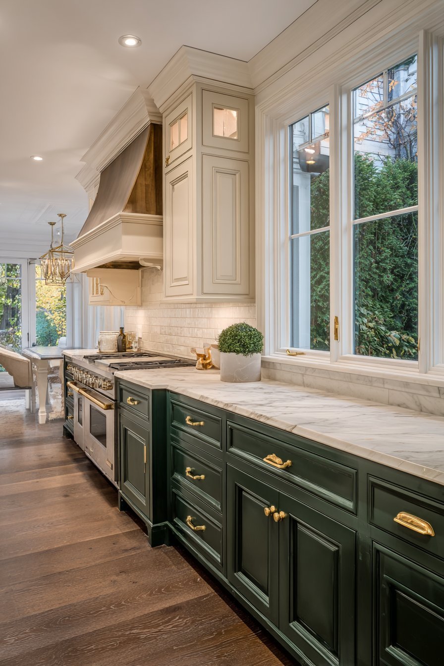 Forest green lower and cream upper cabinets with white marble, brass range trim and matching painted range hood