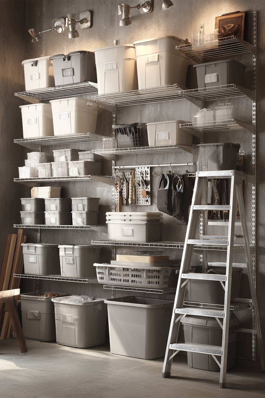 Brushed aluminum wall track system with hanging bins and folding shelves in a basement with LED track lighting