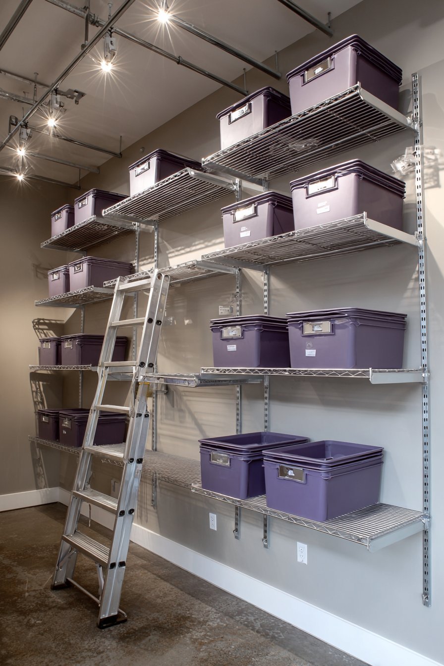 Brushed aluminum wall track system with hanging bins and folding shelves in a basement with LED track lighting