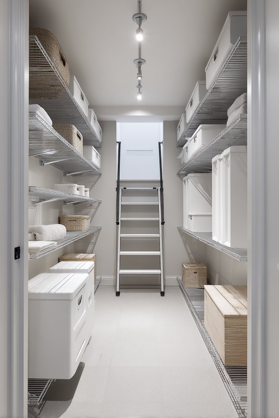 Brushed aluminum wall track system with hanging bins and folding shelves in a basement with LED track lighting