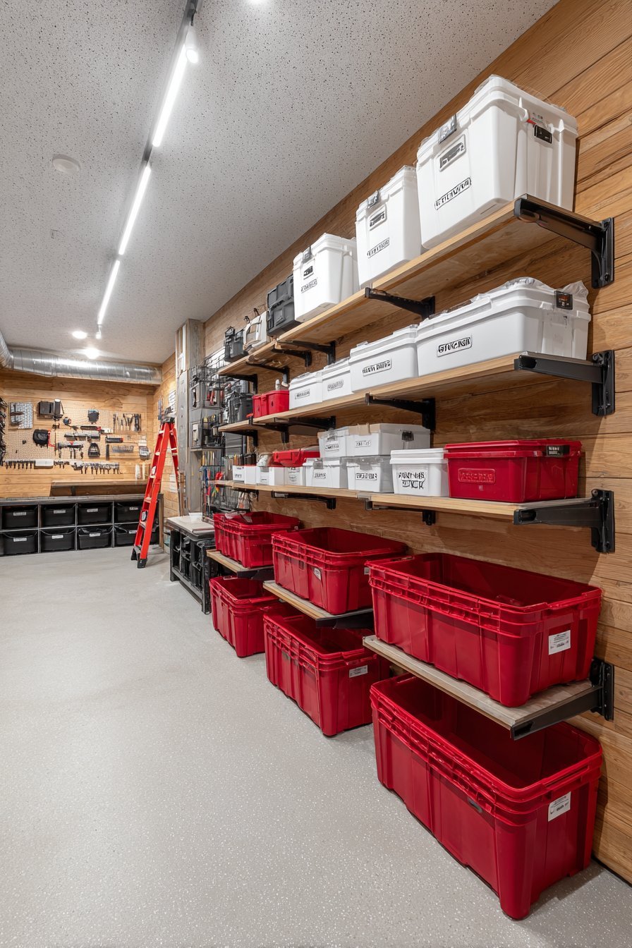 Brushed aluminum wall track system with hanging bins and folding shelves in a basement with LED track lighting