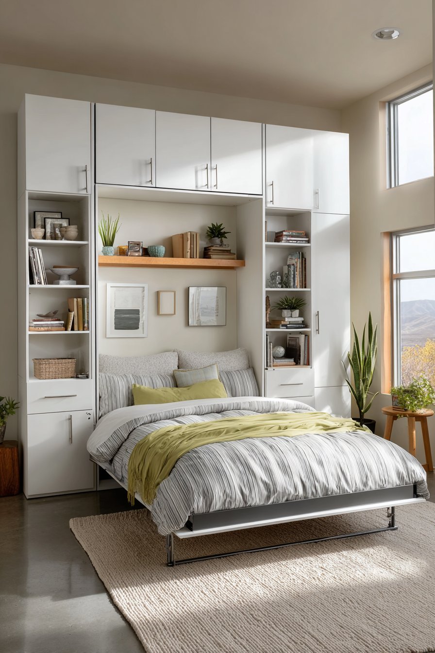 Closed white Murphy bed cabinet with open shelves, lower cabinets and brushed nickel handles in a living space