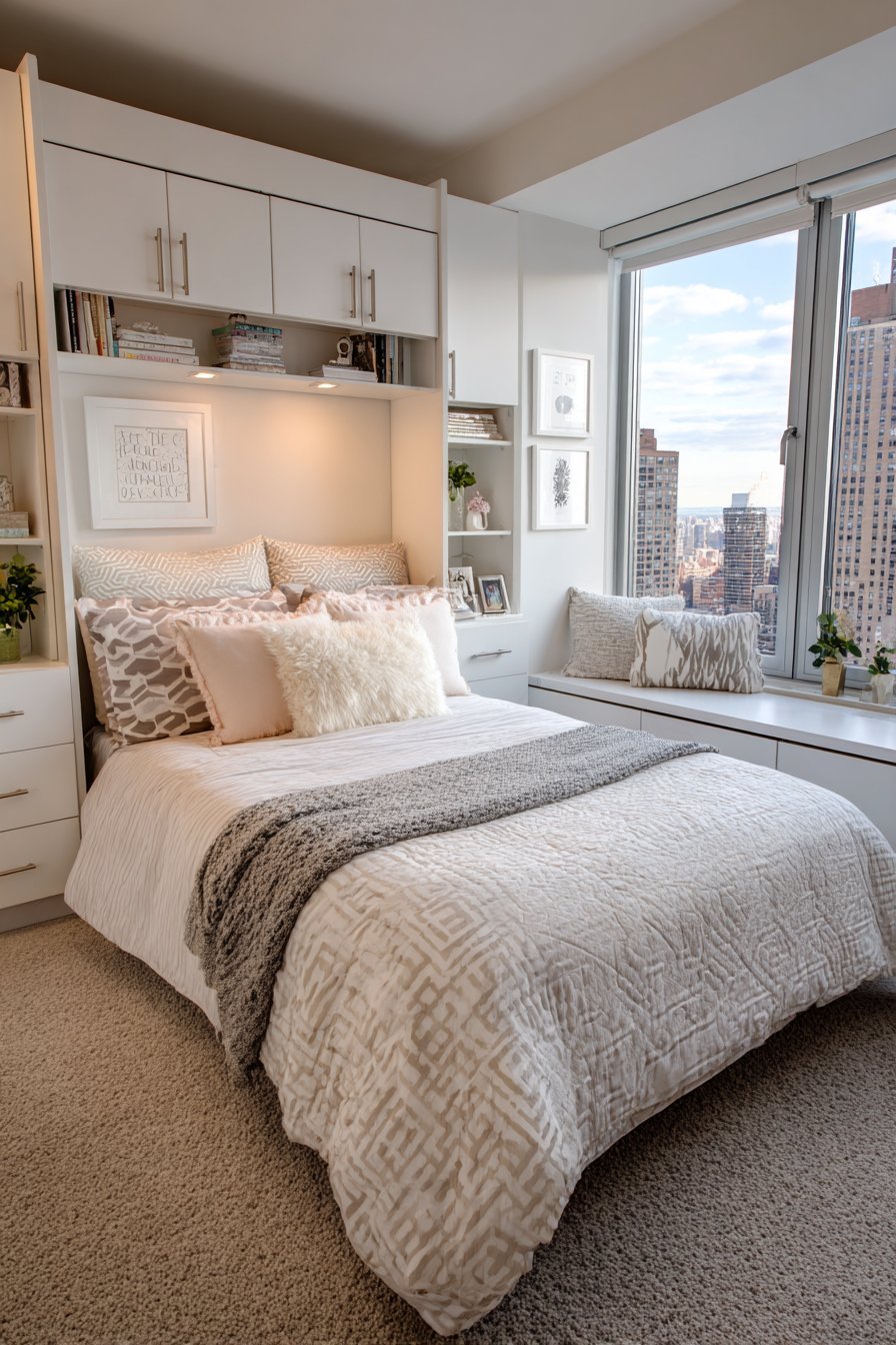 Closed white Murphy bed cabinet with open shelves, lower cabinets and brushed nickel handles in a living space