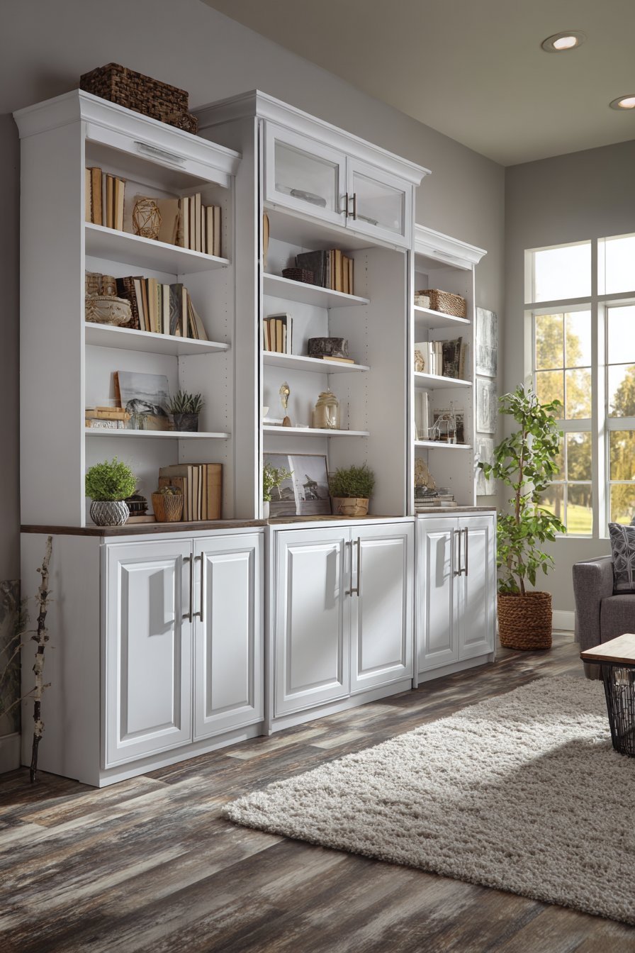 Closed white Murphy bed cabinet with open shelves, lower cabinets and brushed nickel handles in a living space