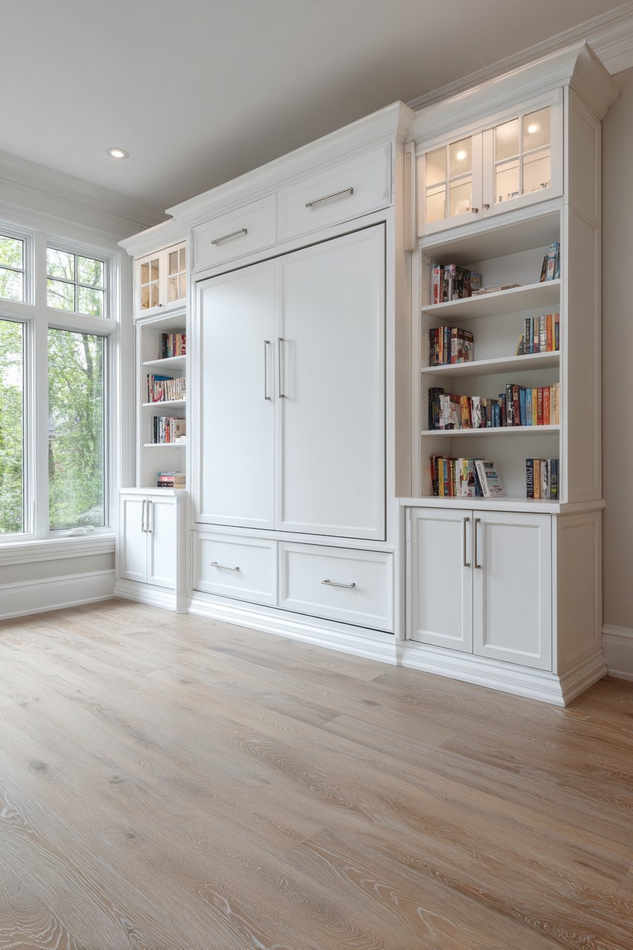 Closed white Murphy bed cabinet with open shelves, lower cabinets and brushed nickel handles in a living space