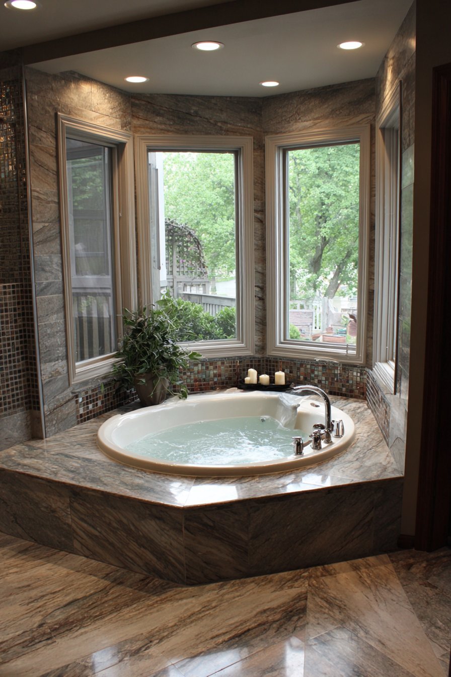 Corner jacuzzi tub with book-matched marble surround, mosaic accents and garden-facing windows