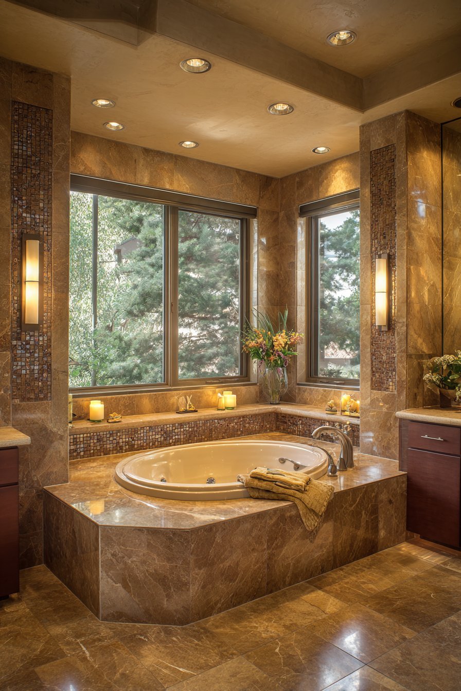 Corner jacuzzi tub with book-matched marble surround, mosaic accents and garden-facing windows