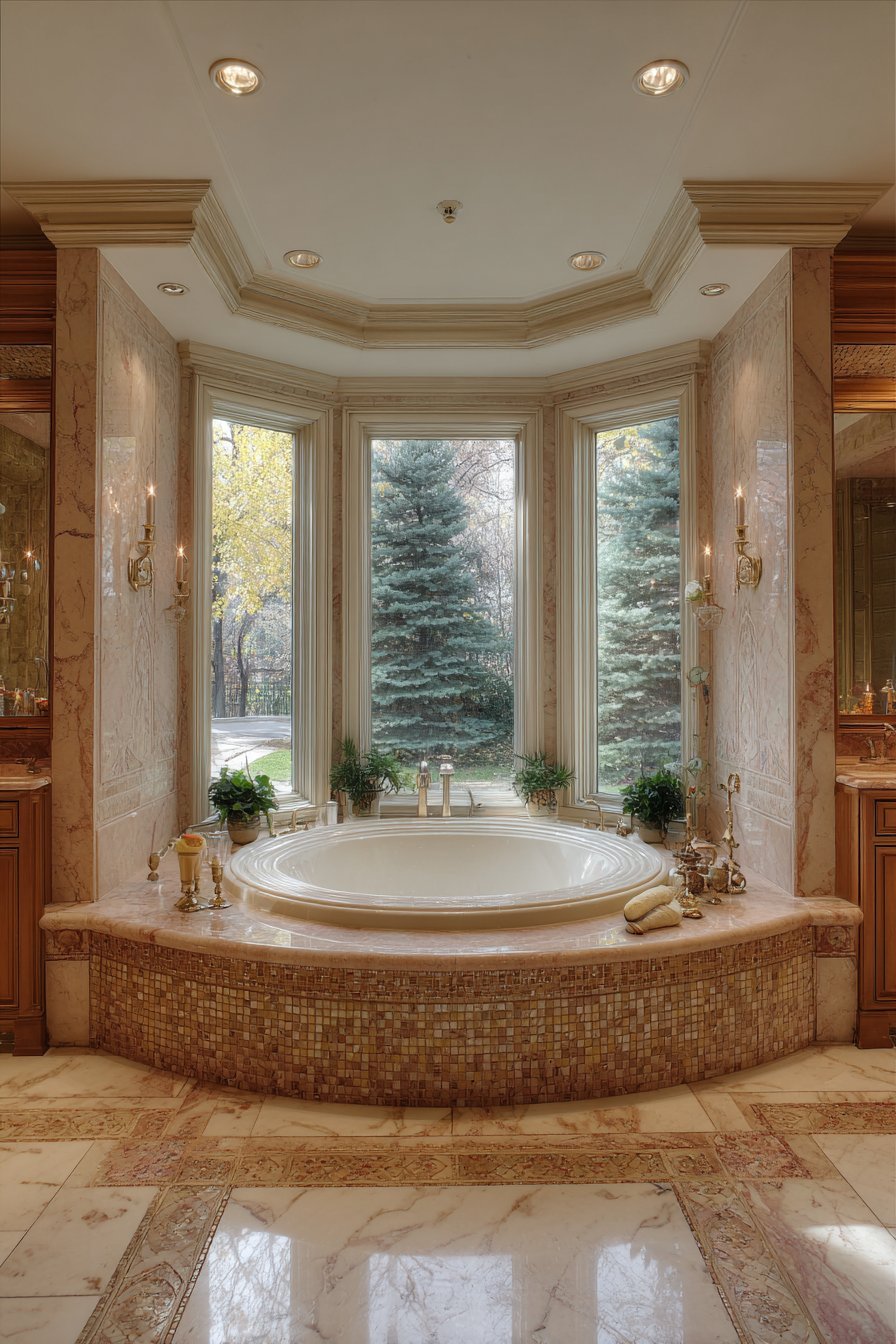 Corner jacuzzi tub with book-matched marble surround, mosaic accents and garden-facing windows