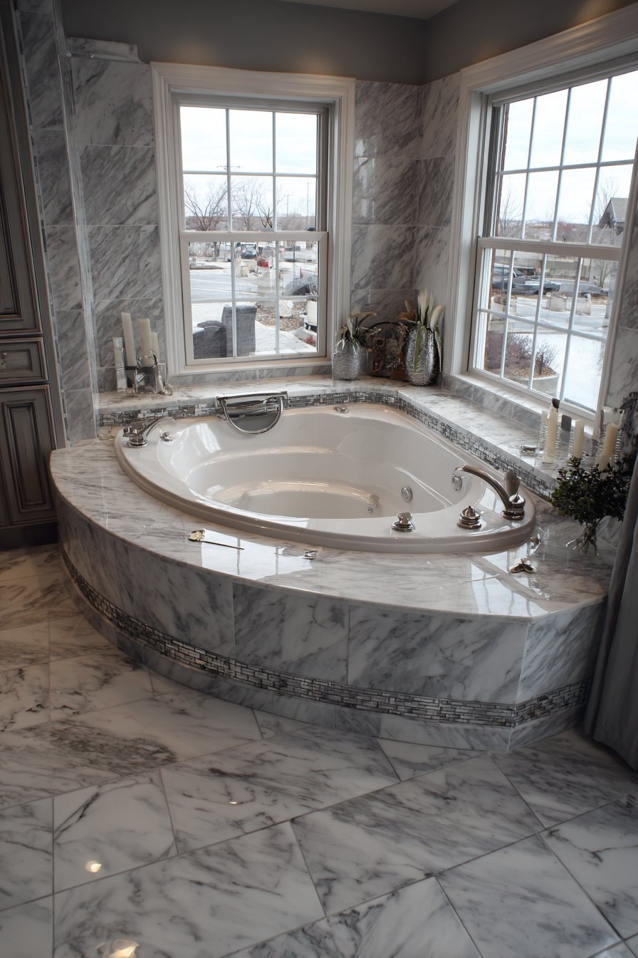 Corner jacuzzi tub with book-matched marble surround, mosaic accents and garden-facing windows