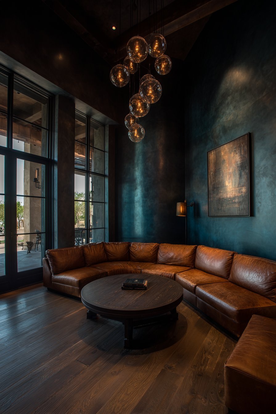 Dark teal Venetian plaster accent wall with cognac leather sofa, ebonized oak table and smoked glass pendants