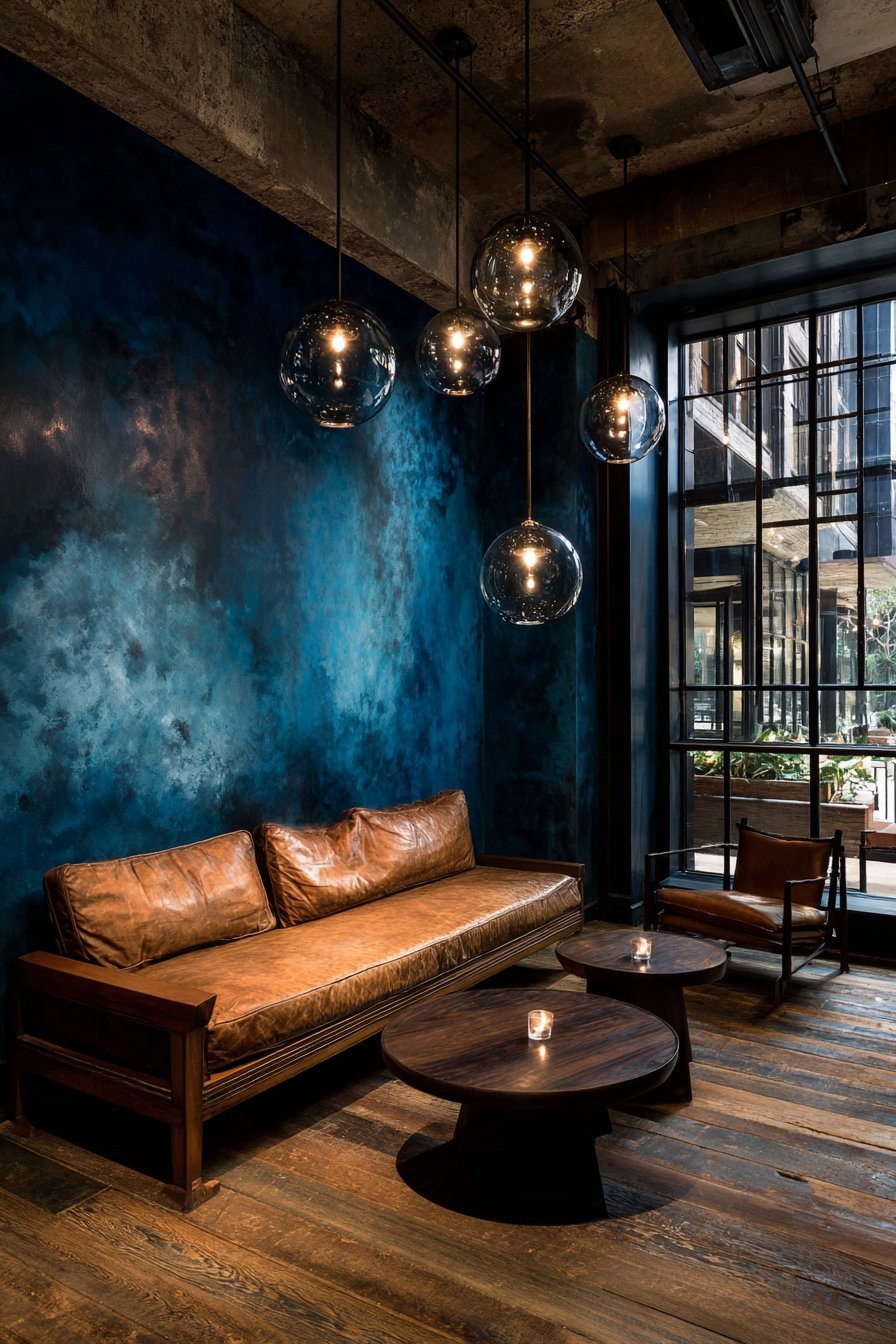 Dark teal Venetian plaster accent wall with cognac leather sofa, ebonized oak table and smoked glass pendants