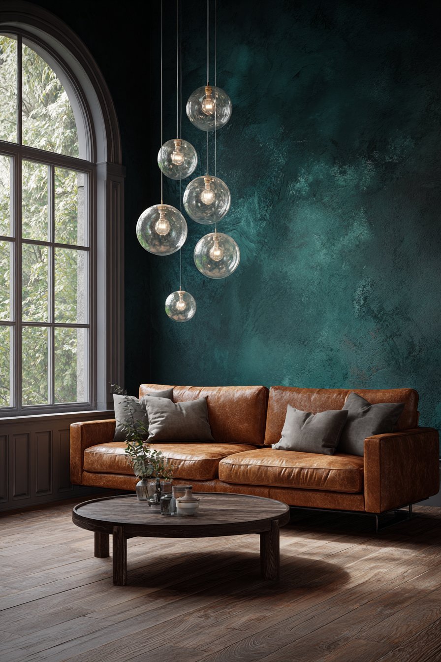 Dark teal Venetian plaster accent wall with cognac leather sofa, ebonized oak table and smoked glass pendants