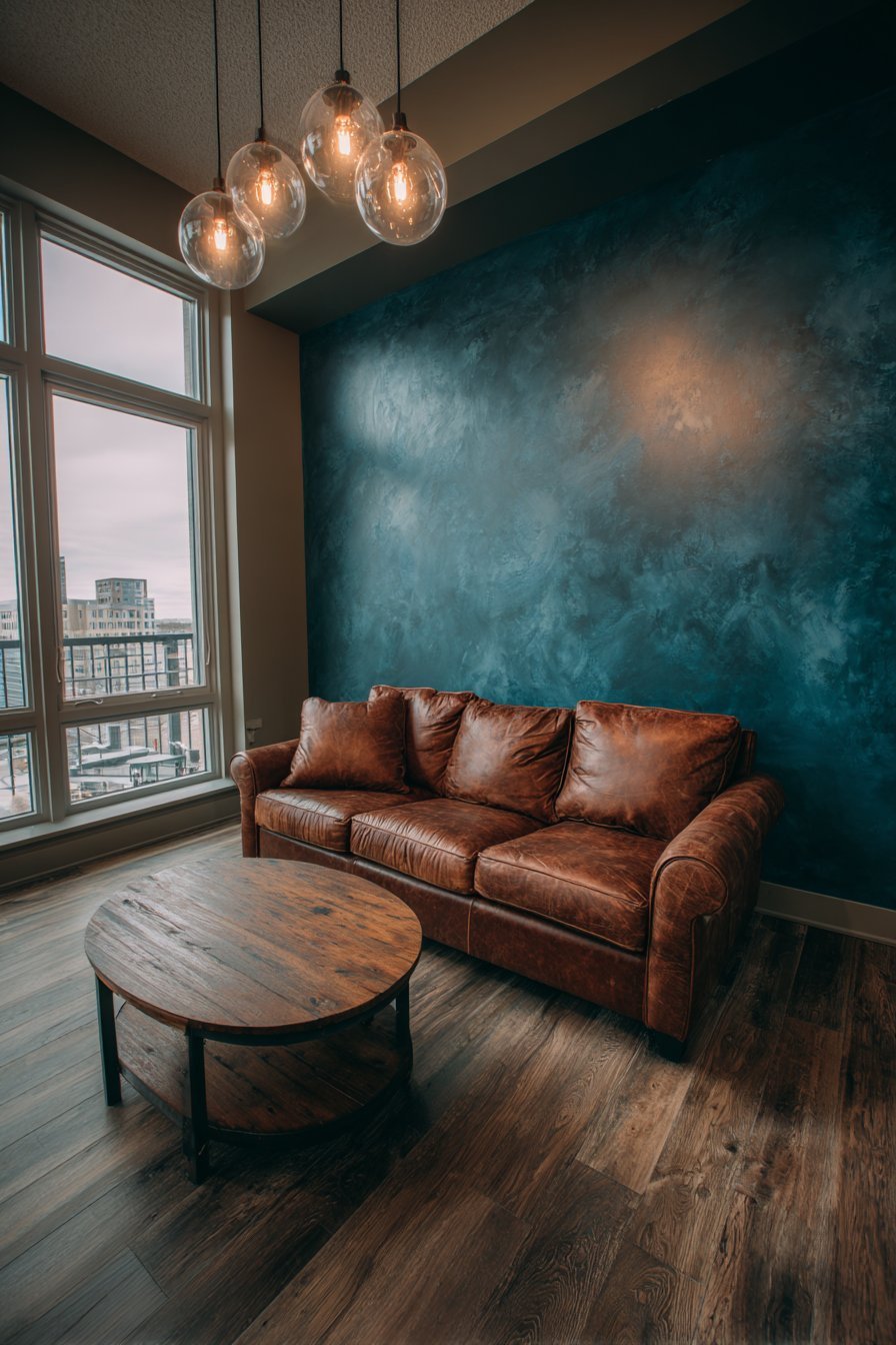 Dark teal Venetian plaster accent wall with cognac leather sofa, ebonized oak table and smoked glass pendants