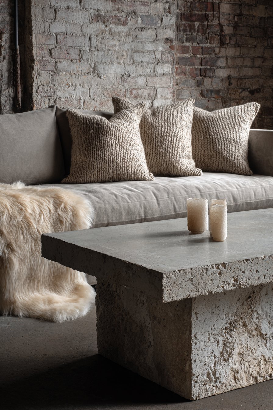 Textural neutral living room with putty grey linen sofa, concrete coffee table, whitewashed brick and sheepskin rugs