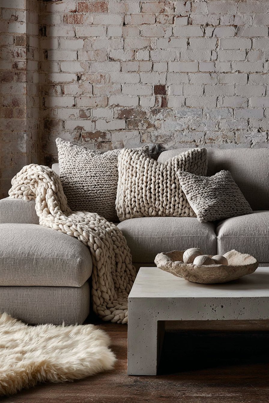 Textural neutral living room with putty grey linen sofa, concrete coffee table, whitewashed brick and sheepskin rugs