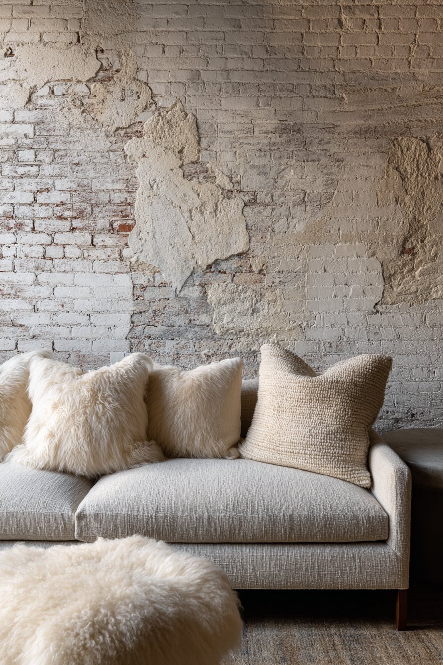 Textural neutral living room with putty grey linen sofa, concrete coffee table, whitewashed brick and sheepskin rugs