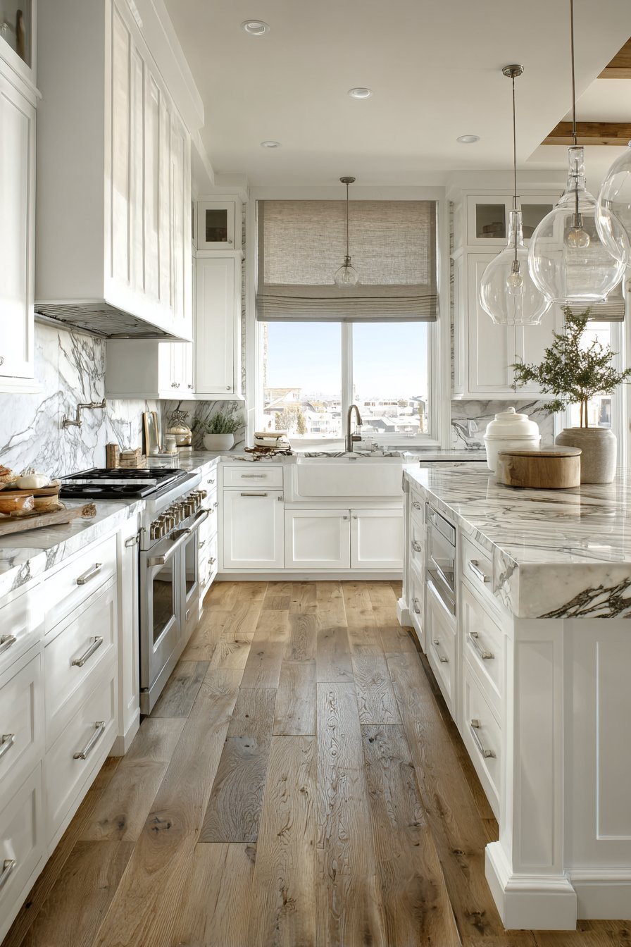 White shaker cabinets with cup pulls, marble backsplash behind the range and marble-topped island with furniture-style feet