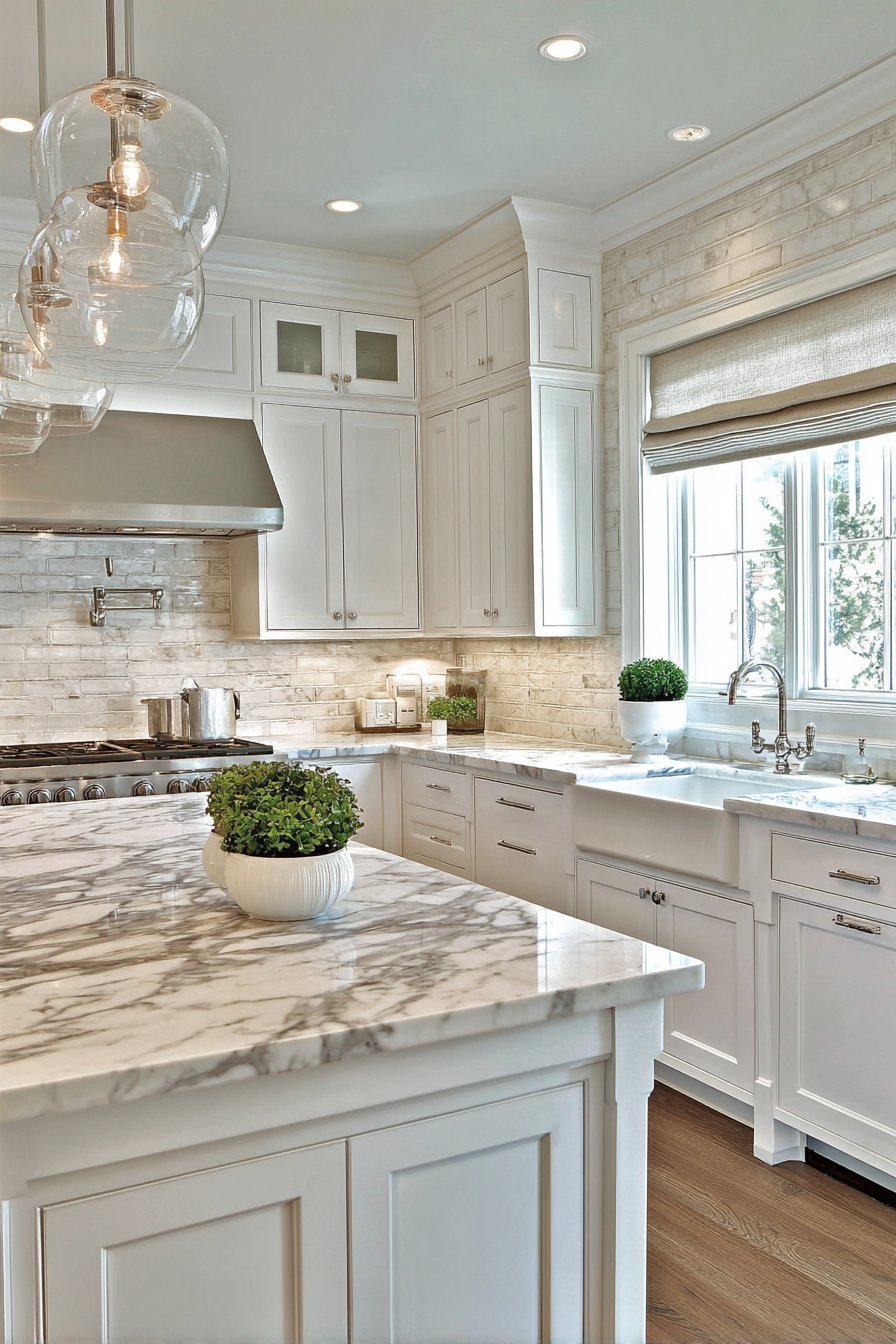 White shaker cabinets with cup pulls, marble backsplash behind the range and marble-topped island with furniture-style feet