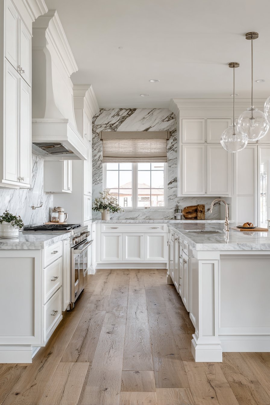 White shaker cabinets with cup pulls, marble backsplash behind the range and marble-topped island with furniture-style feet