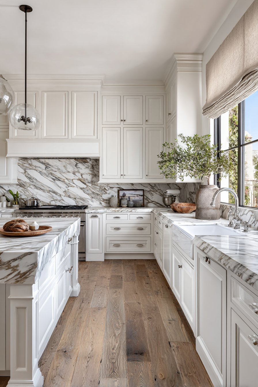 White shaker cabinets with cup pulls, marble backsplash behind the range and marble-topped island with furniture-style feet