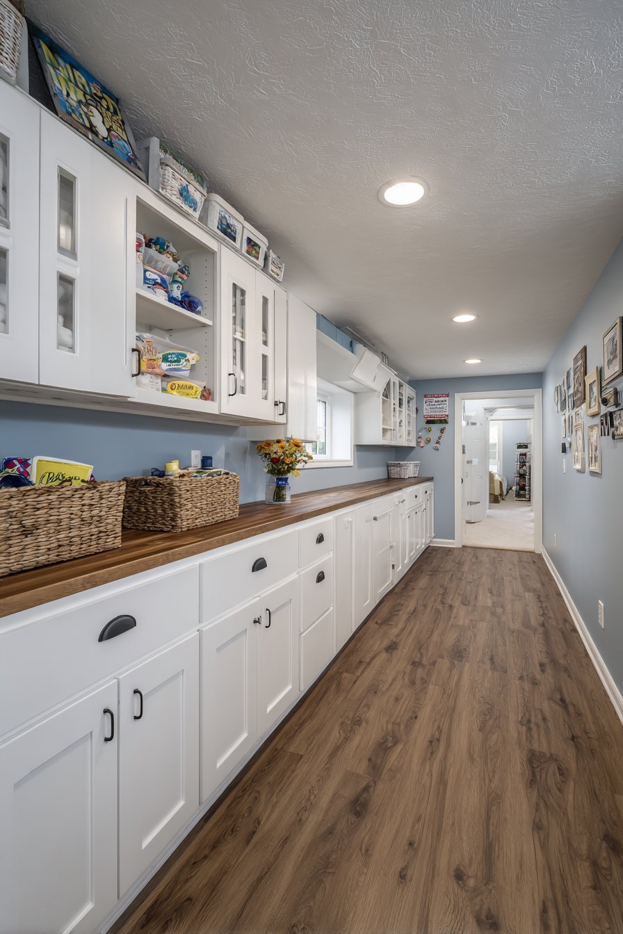 Repurposed white kitchen cabinets with glass-front uppers and butcher block counter on grey-blue basement walls
