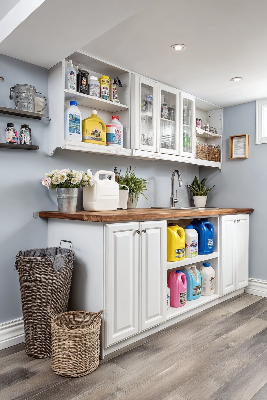 Repurposed white kitchen cabinets with glass-front uppers and butcher block counter on grey-blue basement walls
