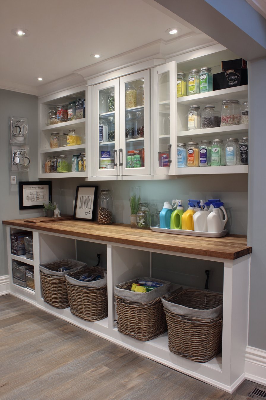 Repurposed white kitchen cabinets with glass-front uppers and butcher block counter on grey-blue basement walls