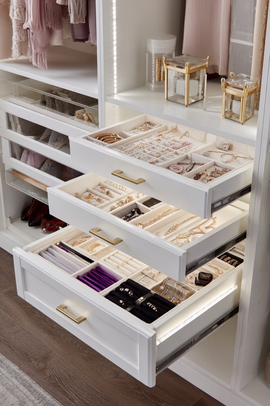 White melamine closet with pull-out jewelry tray, tie and belt rack, hamper basket and motion-sensor lighting