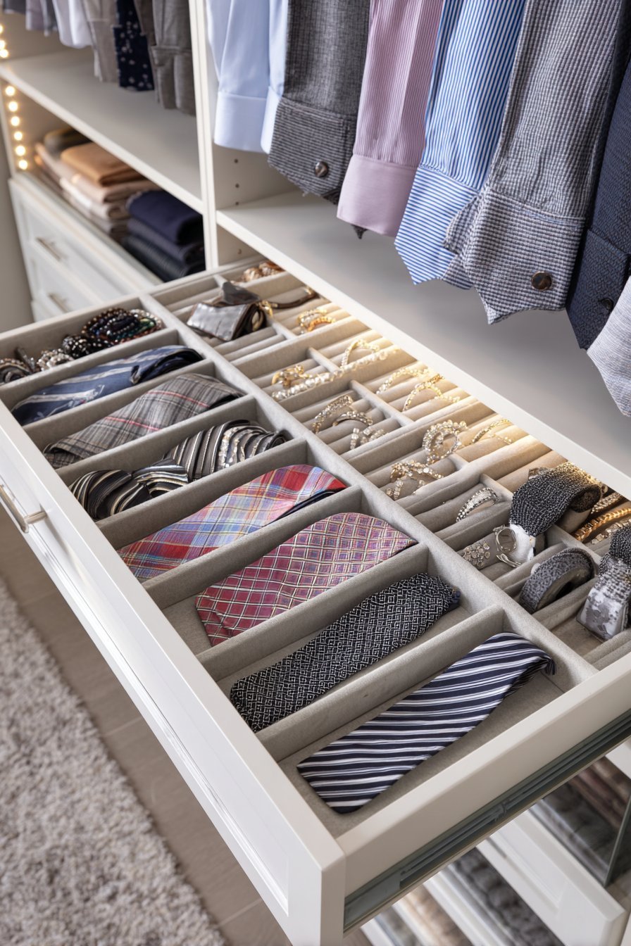 White melamine closet with pull-out jewelry tray, tie and belt rack, hamper basket and motion-sensor lighting