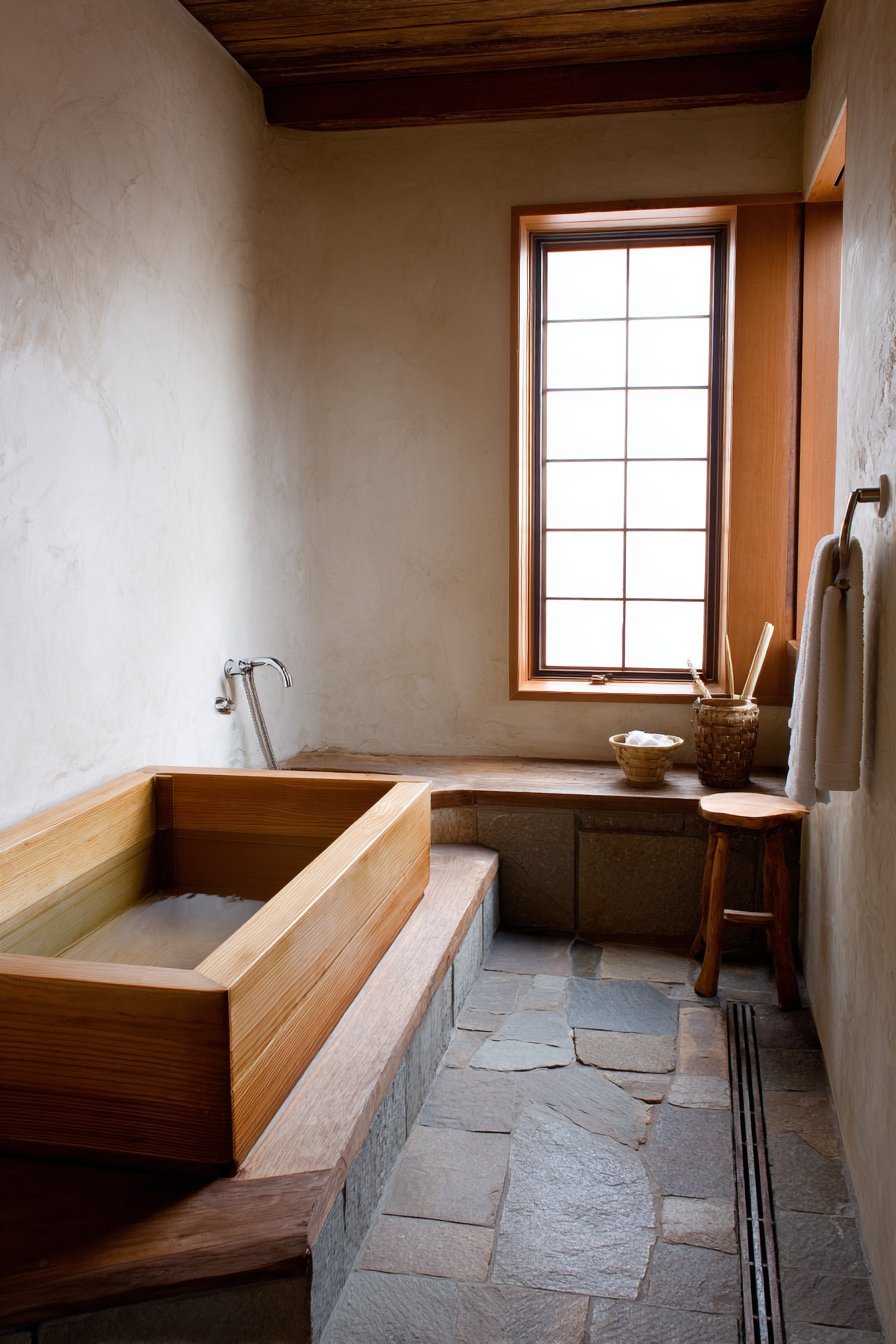 Hinoki wood Japanese soaking tub on a tiled platform with plaster walls and shoji-style window screen