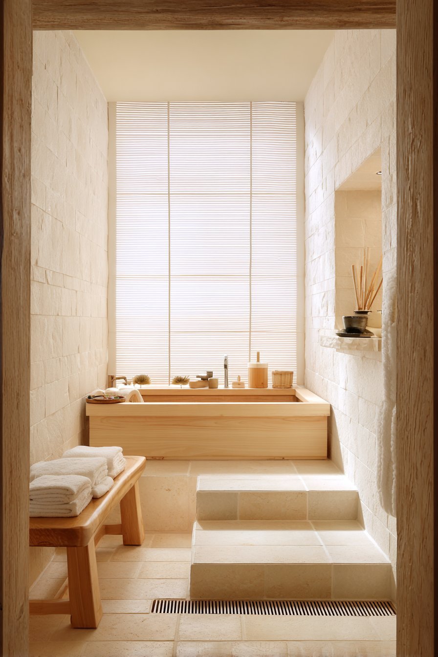 Hinoki wood Japanese soaking tub on a tiled platform with plaster walls and shoji-style window screen