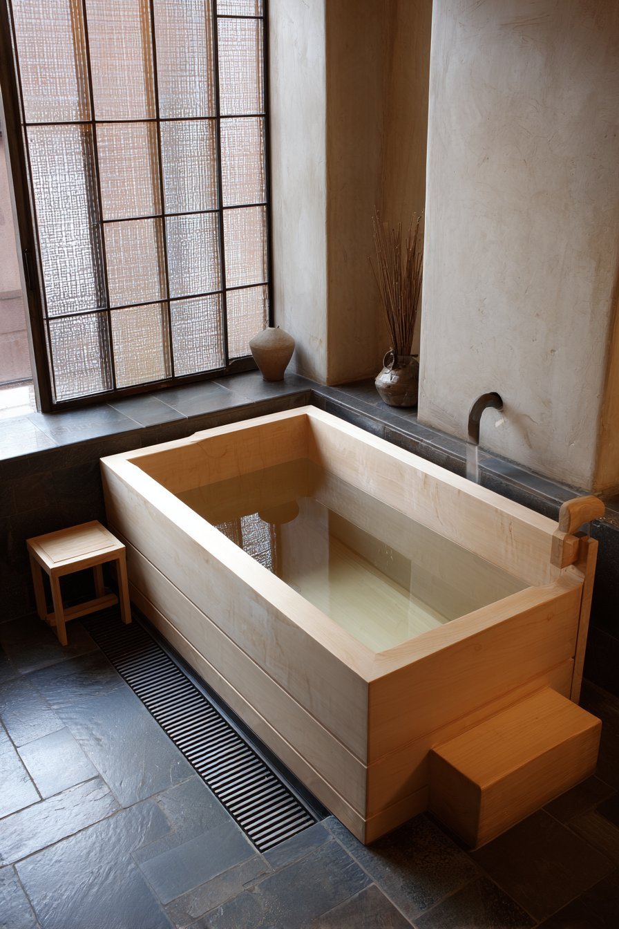 Hinoki wood Japanese soaking tub on a tiled platform with plaster walls and shoji-style window screen