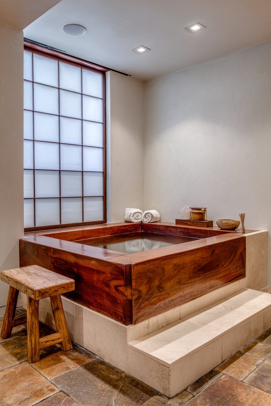 Hinoki wood Japanese soaking tub on a tiled platform with plaster walls and shoji-style window screen