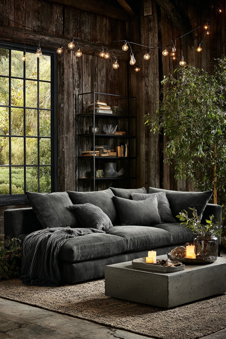 Dark grey reclaimed barn wood walls with charcoal sectional, concrete and steel coffee table and factory windows