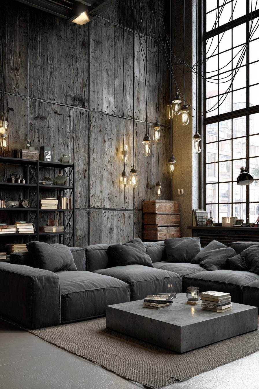 Dark grey reclaimed barn wood walls with charcoal sectional, concrete and steel coffee table and factory windows