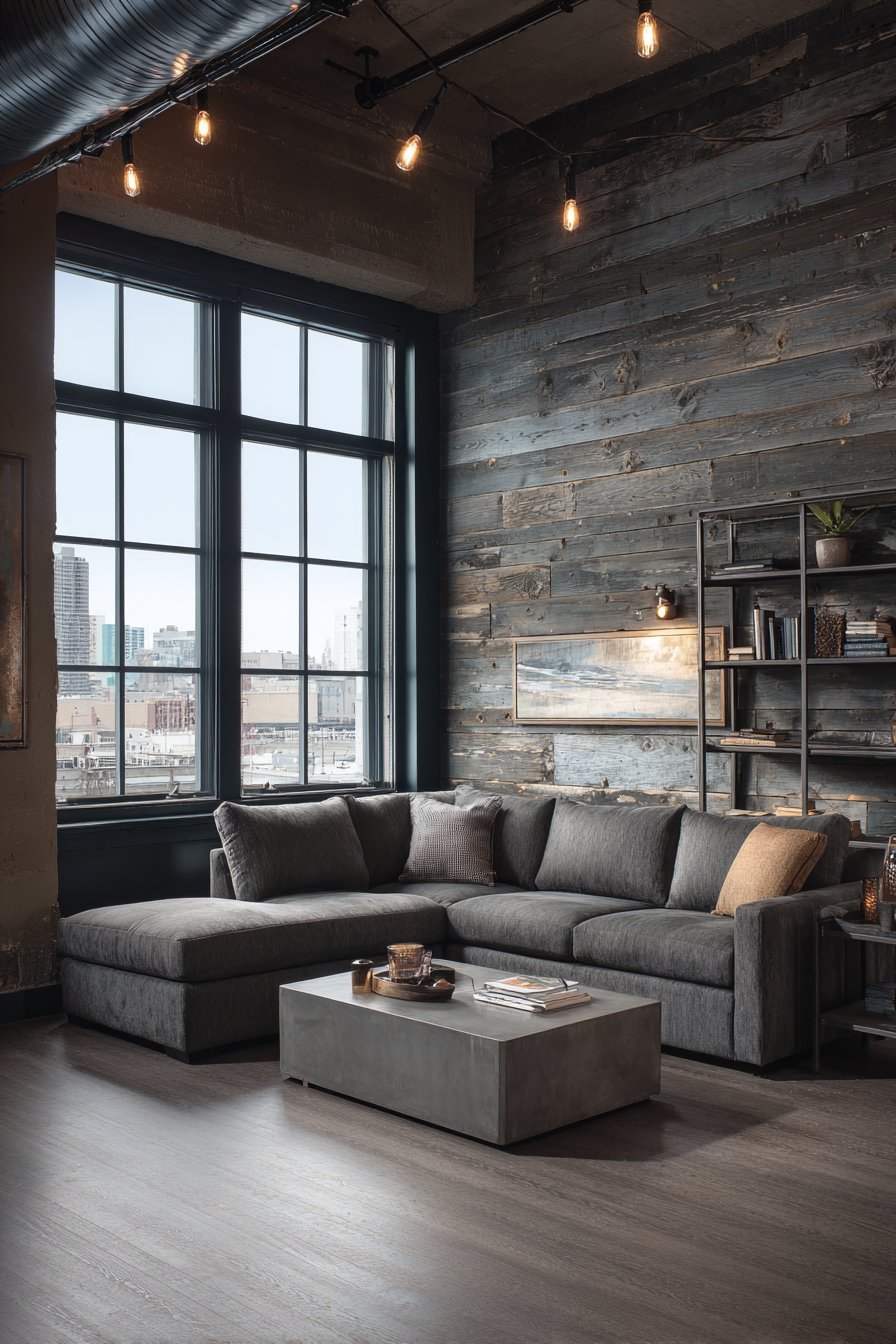 Dark grey reclaimed barn wood walls with charcoal sectional, concrete and steel coffee table and factory windows