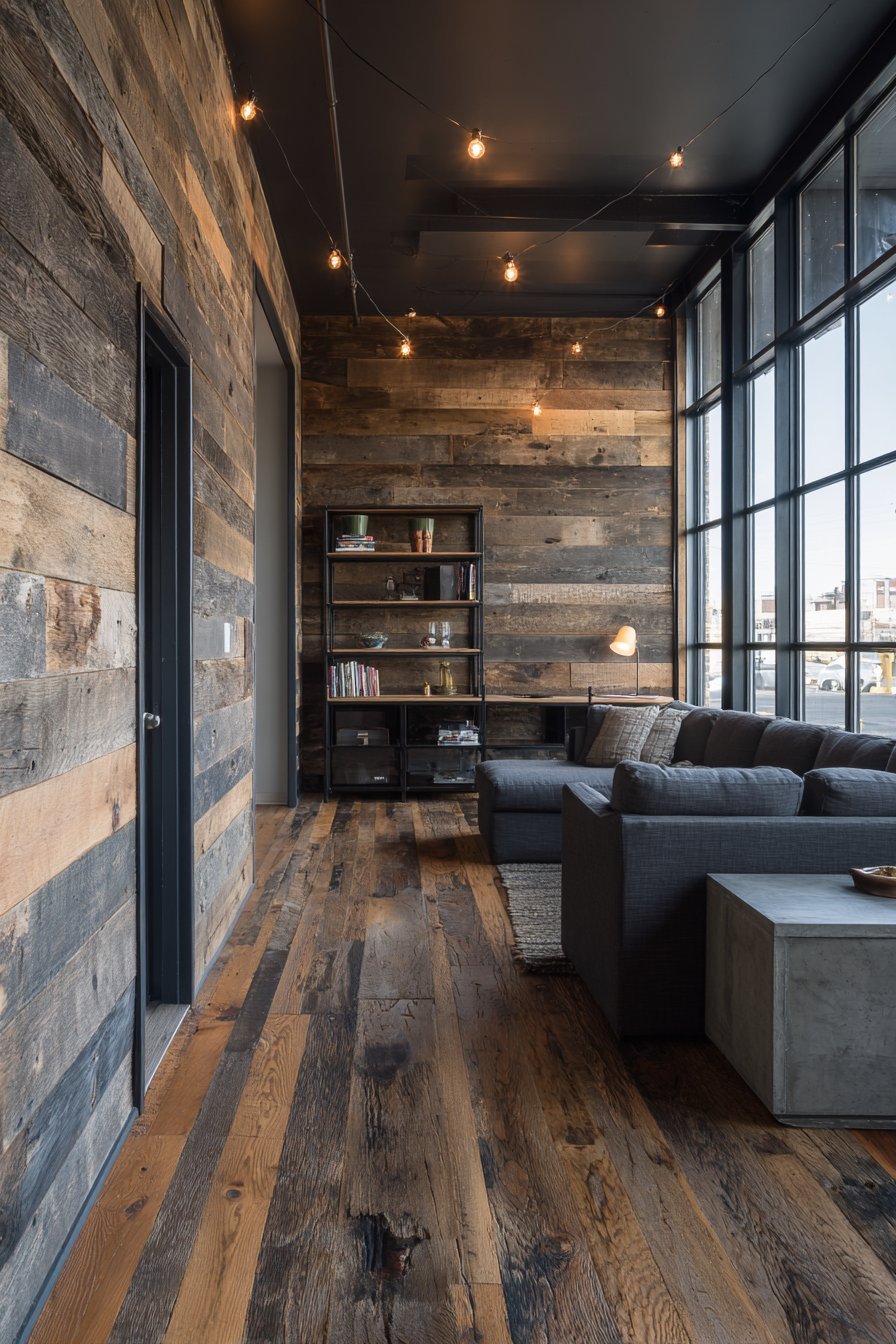Dark grey reclaimed barn wood walls with charcoal sectional, concrete and steel coffee table and factory windows