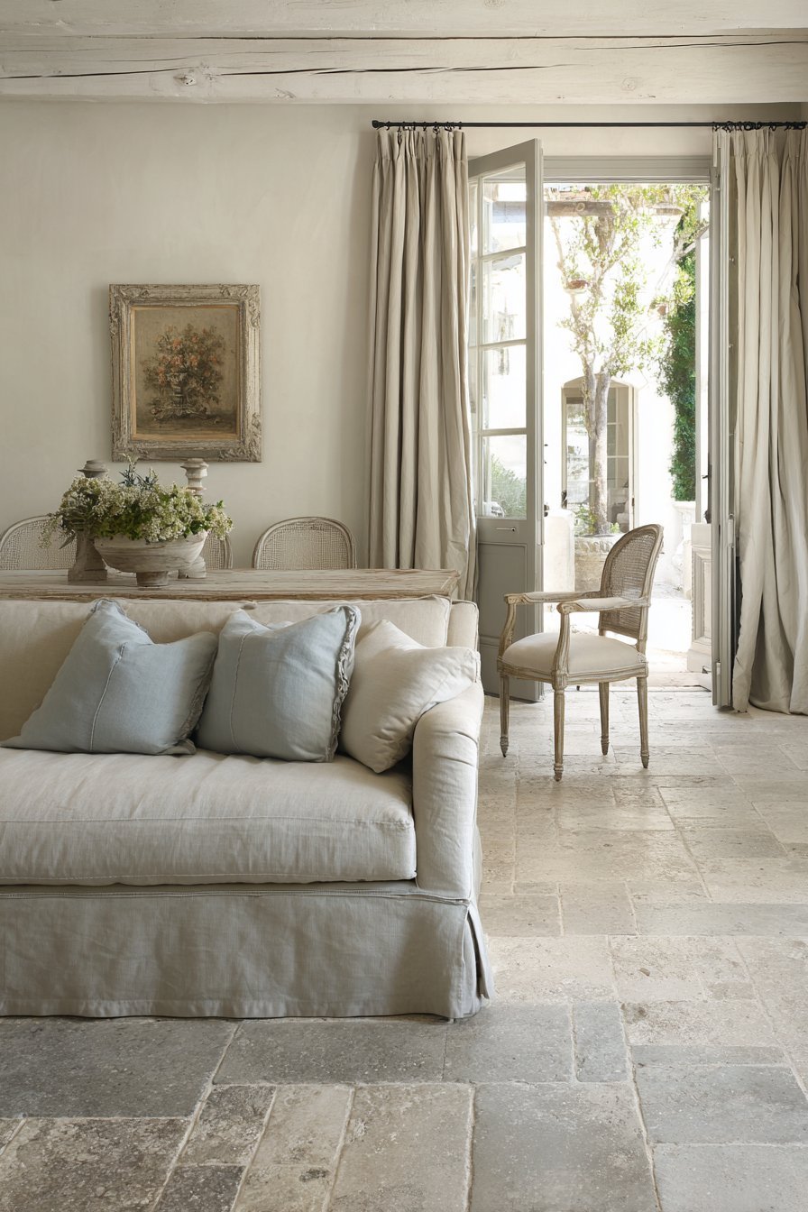 Parisian-style neutral living room with aged ivory rolled-arm sofa, distressed Louis XVI chairs and plaster moldings