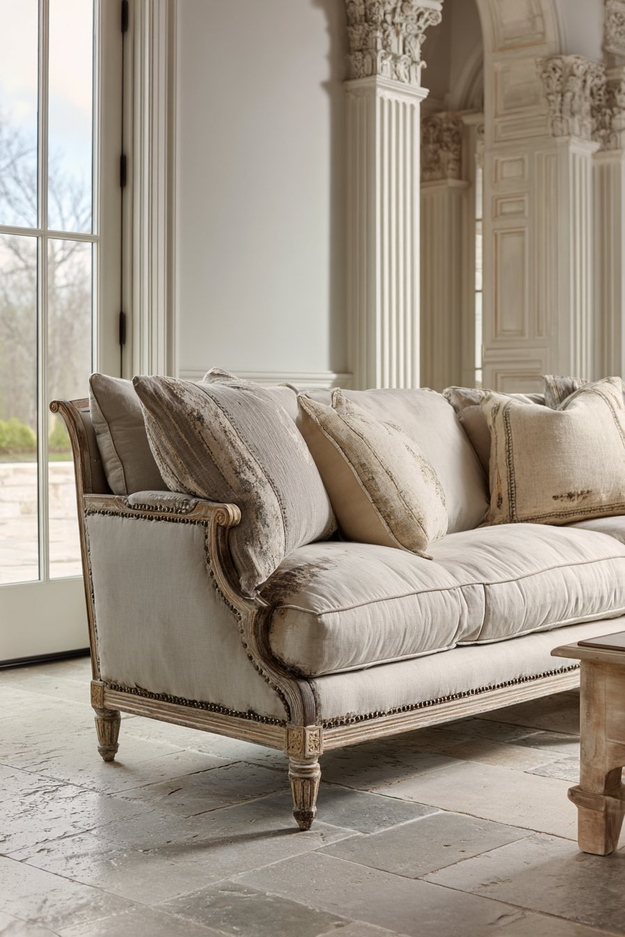 Parisian-style neutral living room with aged ivory rolled-arm sofa, distressed Louis XVI chairs and plaster moldings