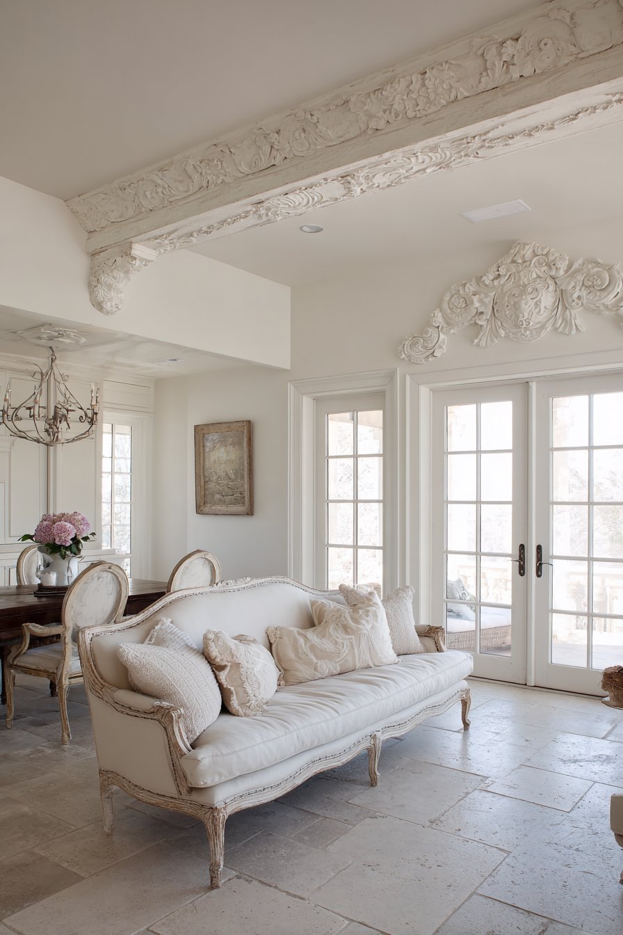Parisian-style neutral living room with aged ivory rolled-arm sofa, distressed Louis XVI chairs and plaster moldings