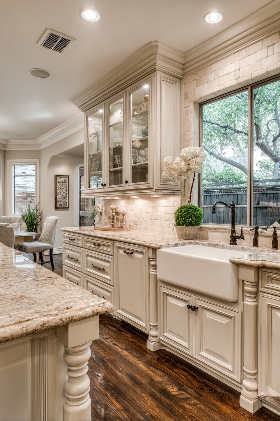 Warm greige raised-panel cabinets with tan granite, oil-rubbed bronze bridge faucet and travertine subway backsplash