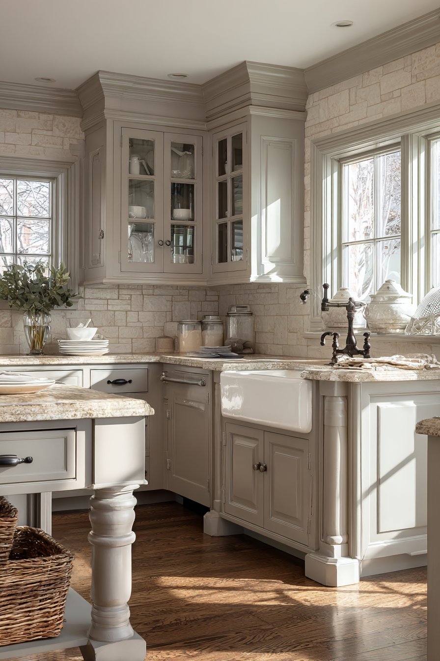 Warm greige raised-panel cabinets with tan granite, oil-rubbed bronze bridge faucet and travertine subway backsplash