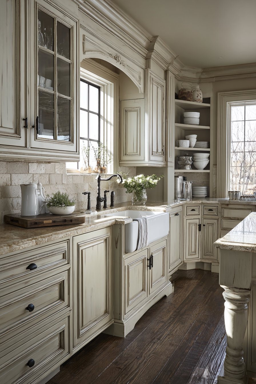 Warm greige raised-panel cabinets with tan granite, oil-rubbed bronze bridge faucet and travertine subway backsplash