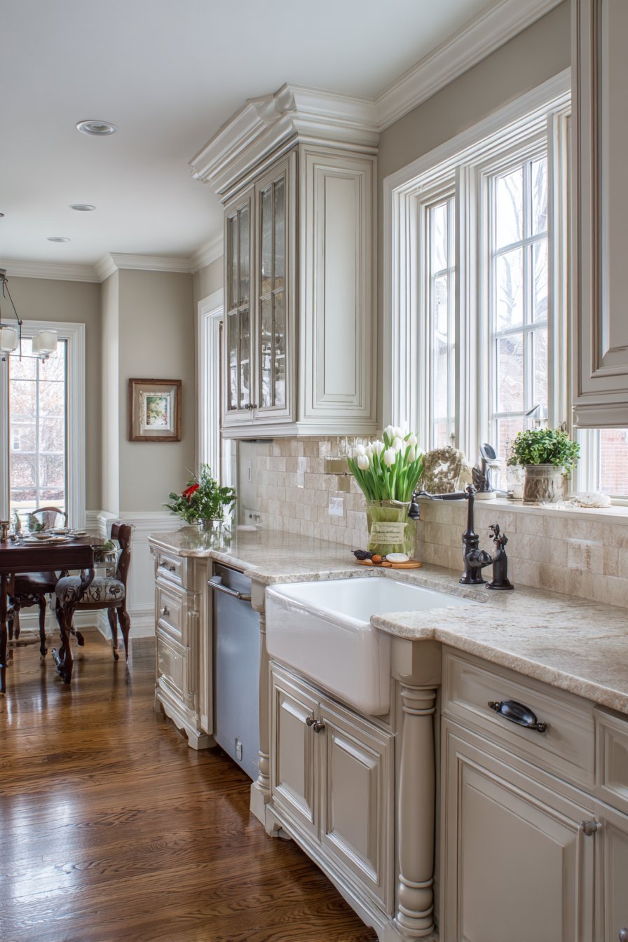 Warm greige raised-panel cabinets with tan granite, oil-rubbed bronze bridge faucet and travertine subway backsplash